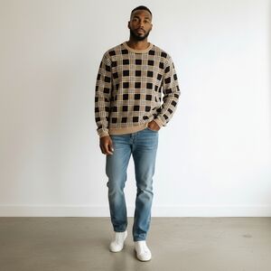 Asos Men's‎ Window Pane Crew Neck Sweater Tan & Black Size Large